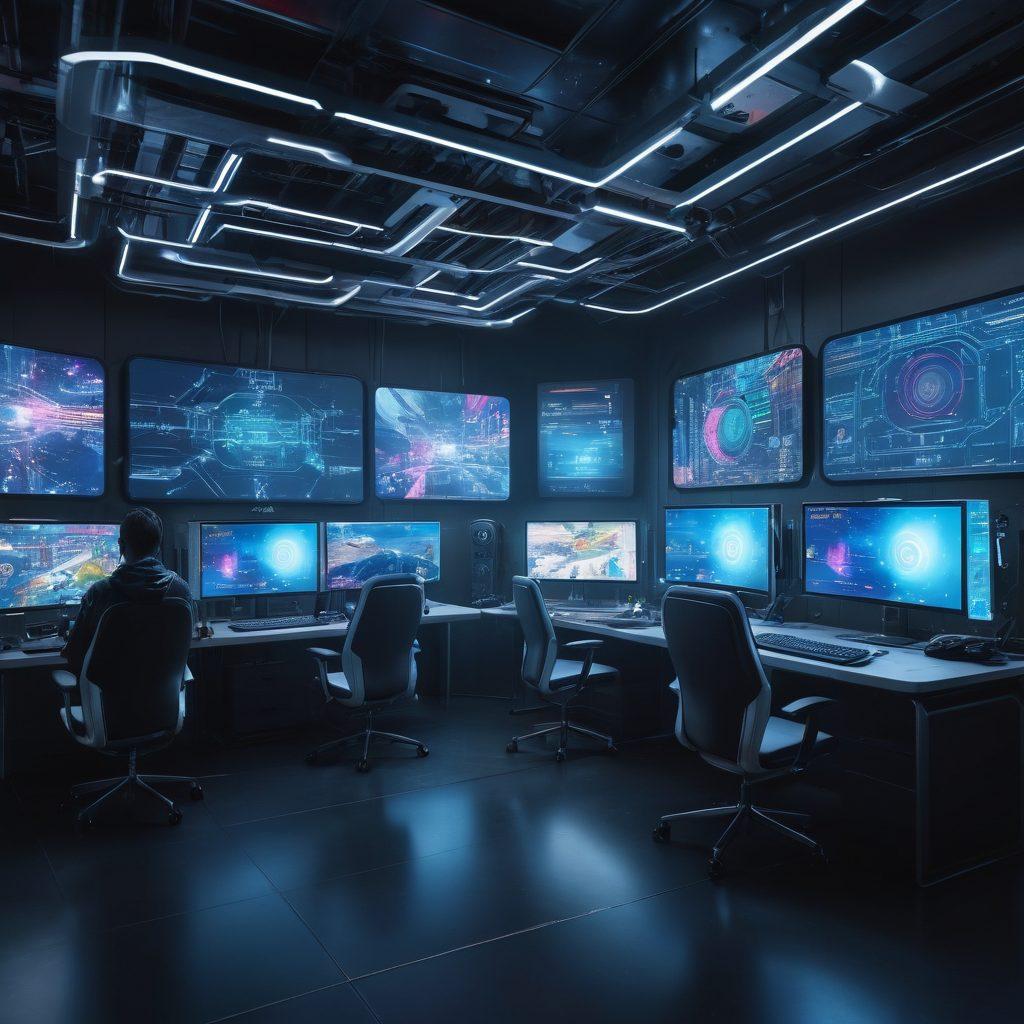 A futuristic workspace showcasing multiple virtual machines in action, with gaming icons and tech tutorial elements visually intertwined. Bright screens displaying intricate code, gaming avatars, and tech gadgets seamlessly merge into a vibrant digital landscape. A person with focused expression interacting with the machines, surrounded by holographic interfaces and gaming memorabilia. Emphasize the dynamic blend of gaming and technology. cyberpunk. vibrant colors. 3D.