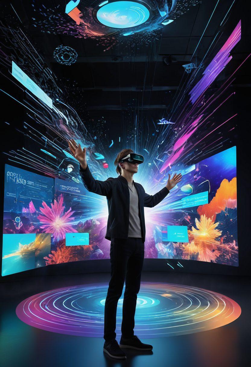 A futuristic scene displaying a vibrant digital landscape with emulators and virtual machines represented as holographic interfaces. Include a person wearing VR glasses interacting with floating tech tutorials and gaming guides, surrounded by code snippets and colorful graphics. The background should have dynamic, abstract shapes symbolizing innovation and transformation in technology. hyper-realistic. vibrant colors. 3D.