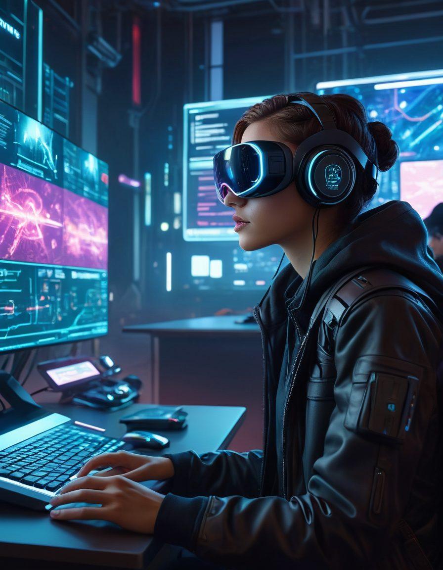 A futuristic scene depicting a digital classroom with holographic coding interfaces and interactive screens. Students of diverse backgrounds are engaged in virtual reality learning, using digital tools that replicate programming concepts. Soft, glowing lights and a modern aesthetic ambiance enhance the atmosphere of innovation and collaboration. Vibrant colors. 3D. Cyberpunk style.